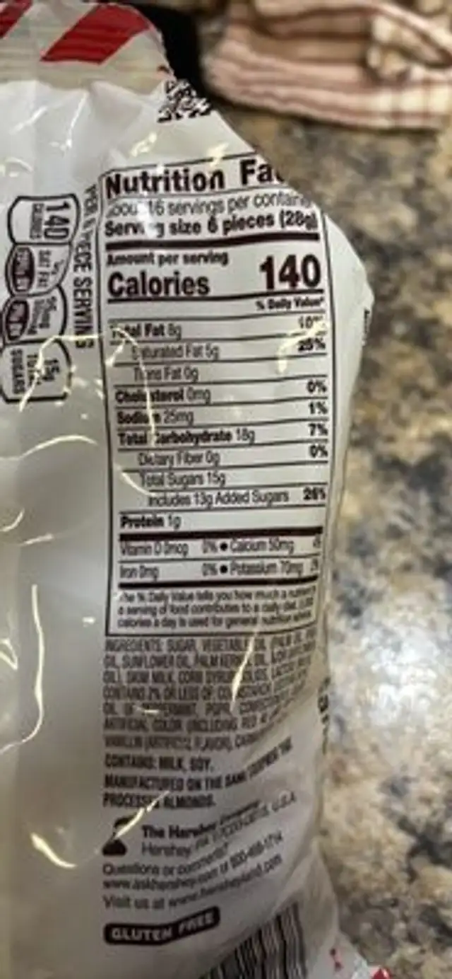 Hershey's Kisses Candy Cane nutrition facts table