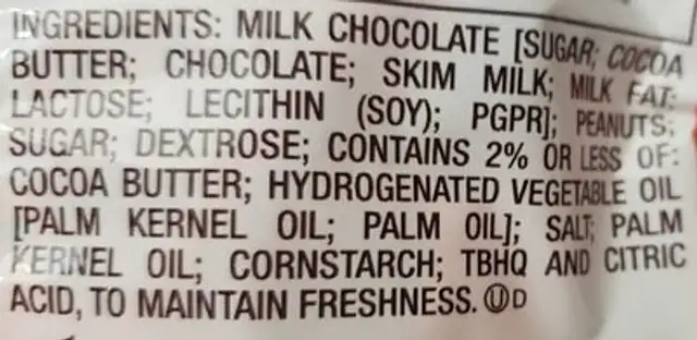 THINS Milk Chocolate & Peanut Butter ingredients label
