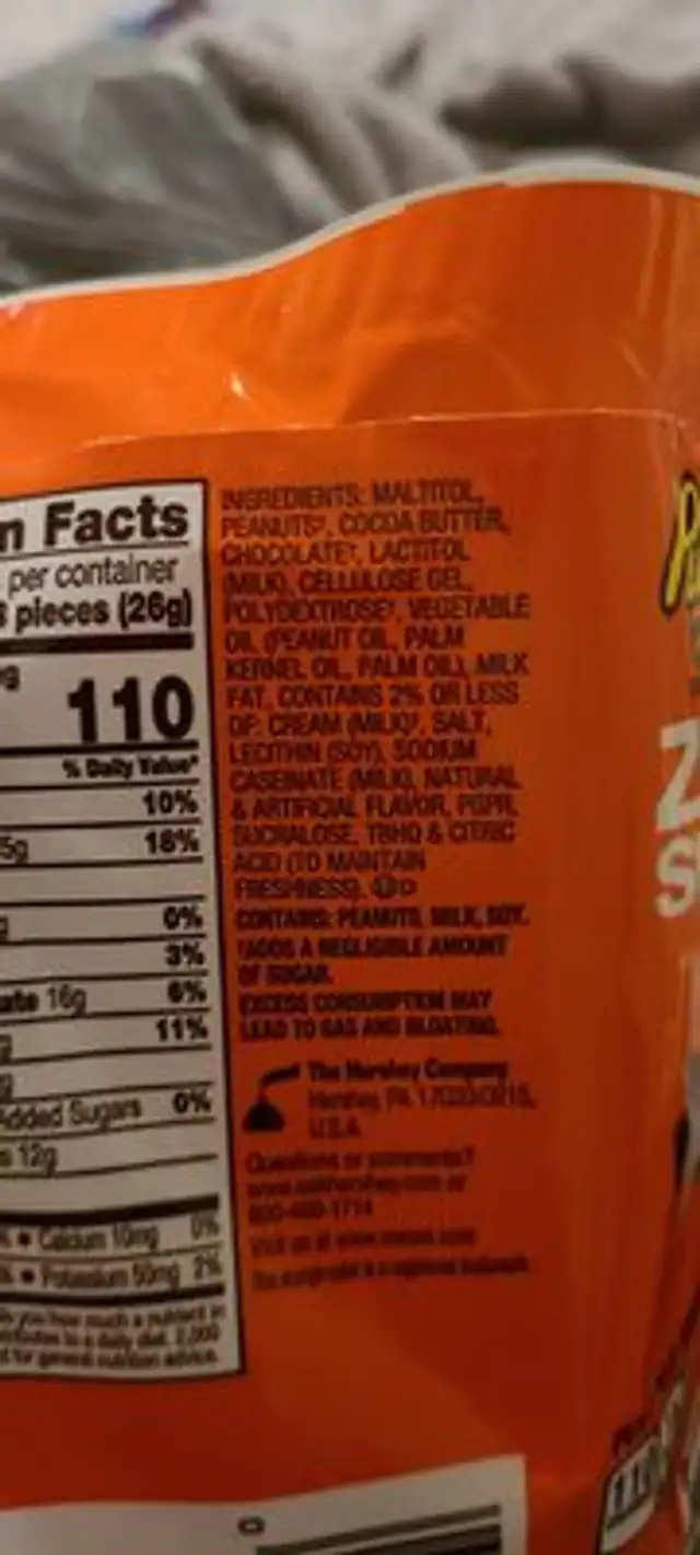 Reese's Miniature Cups Zero Sugar Chocolate Candy & Peanut Butter ingredients label
