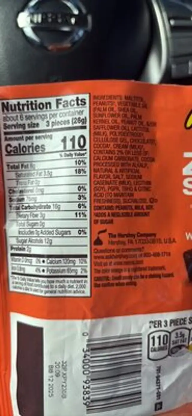 Reese's Miniature Cups Zero Sugar Chocolate Candy & Peanut Butter nutrition facts table