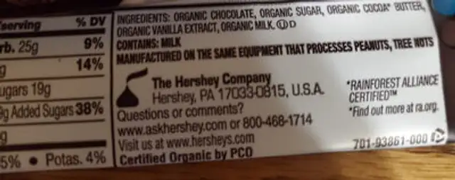 Organic Special Dark ingredients label
