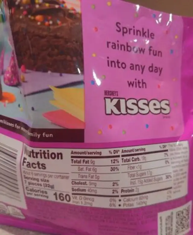 Rainbow Brownie Kisses nutrition facts table