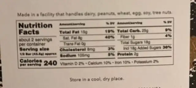 Cinnamon Toast Chocolate Bar nutrition facts table
