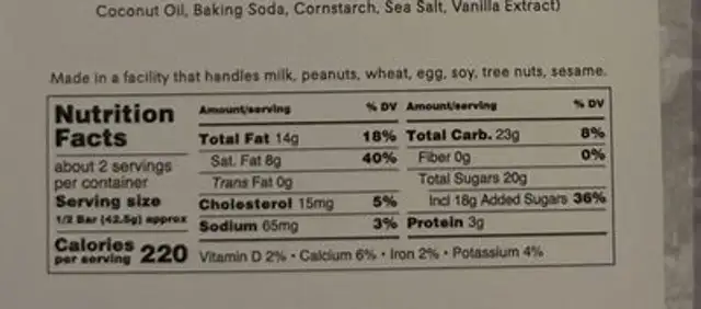 Coconut Cake Bar nutrition facts table