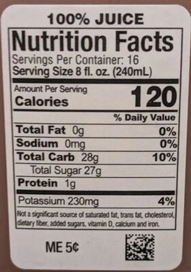 Apple Cider Gala Blend nutrition facts table