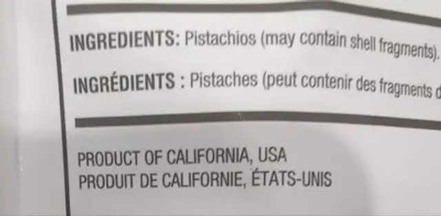 Premium California raw pistachios ingredients label