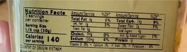 Mixed Veggie Chips nutrition facts table