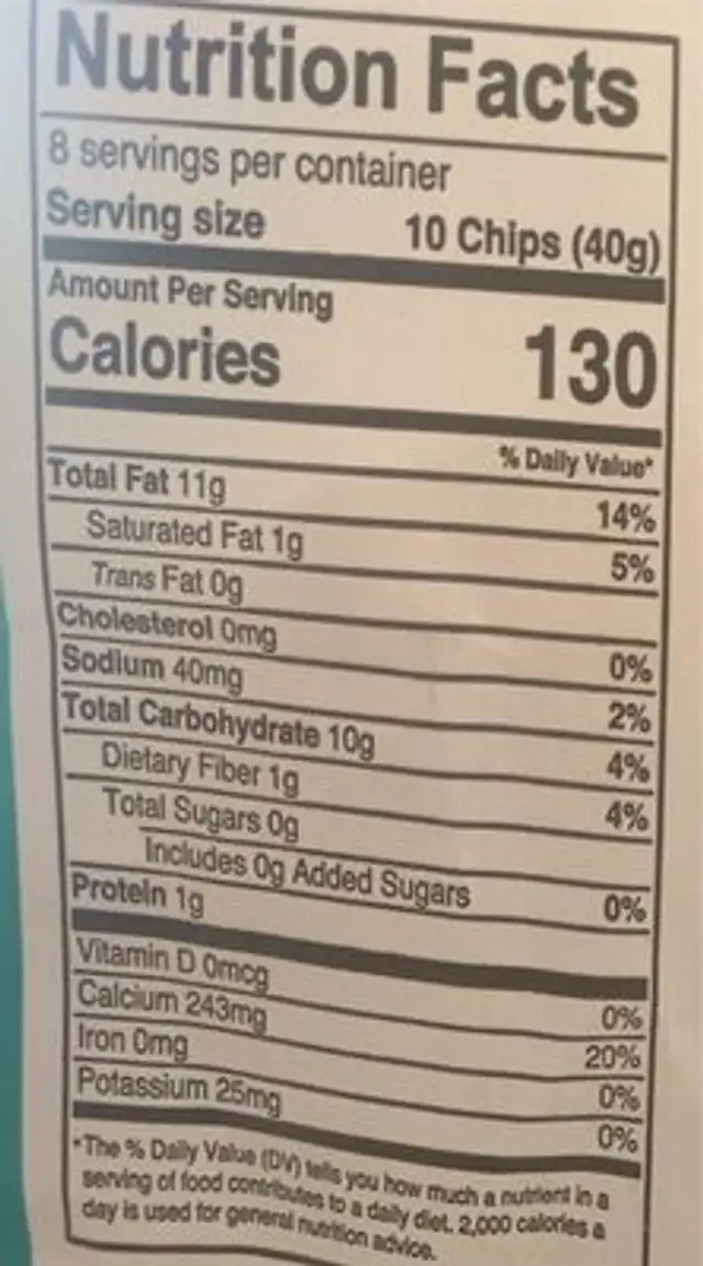 Authentic Tortilla Chips nutrition facts table