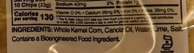 Tortilla chips ingredients label