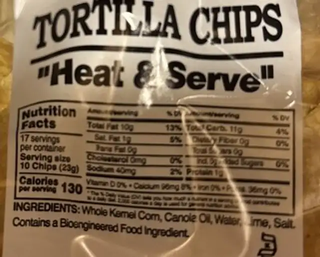 Tortilla chips nutrition facts table