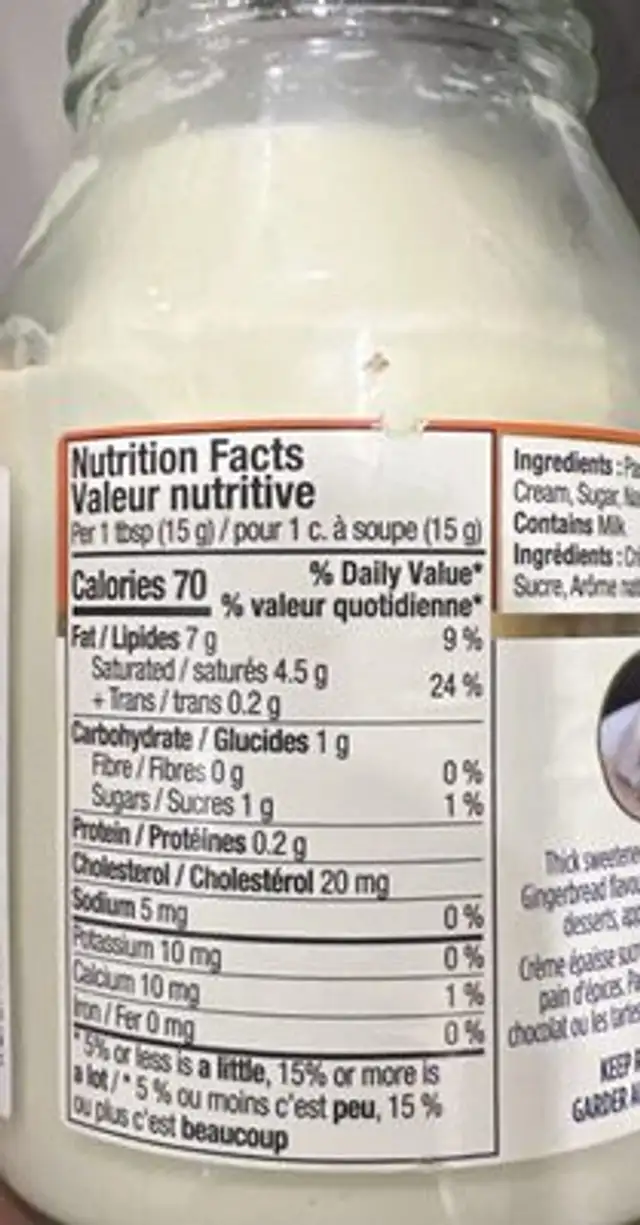 Clotted Cream With Gingerbread Flavour nutrition facts table