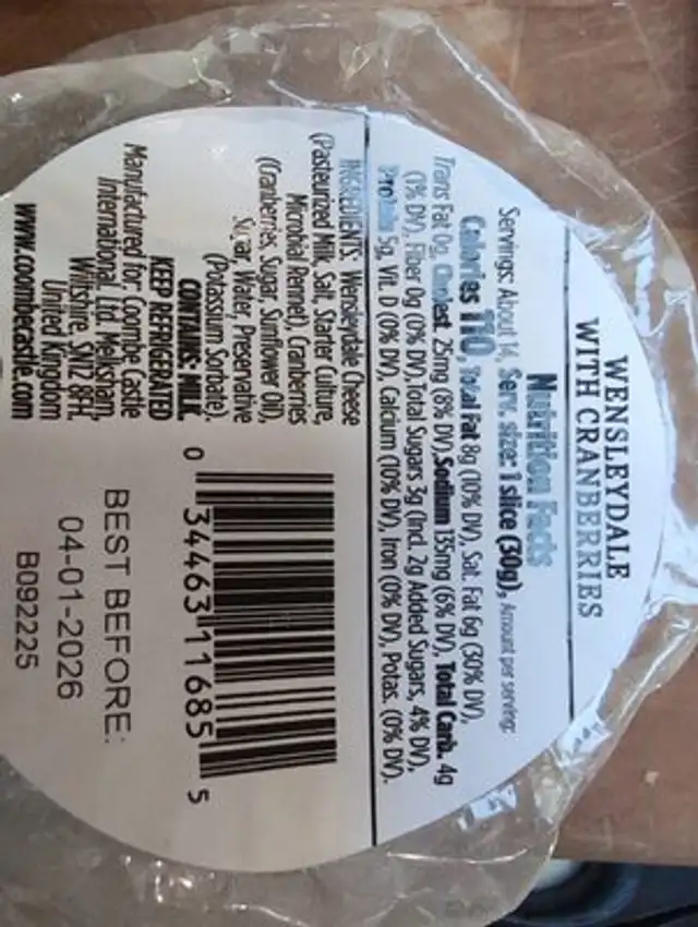 Wensleydale With cranberries nutrition facts table