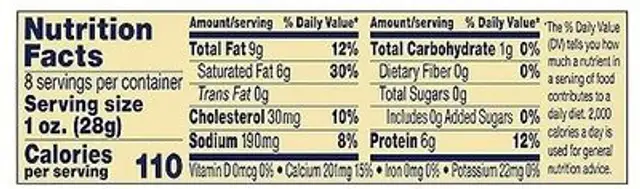 Extra Sharp White Cheddar Cheese nutrition facts table