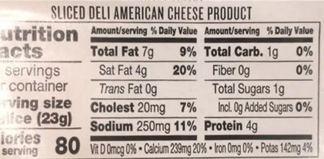 Cheese nutrition facts table