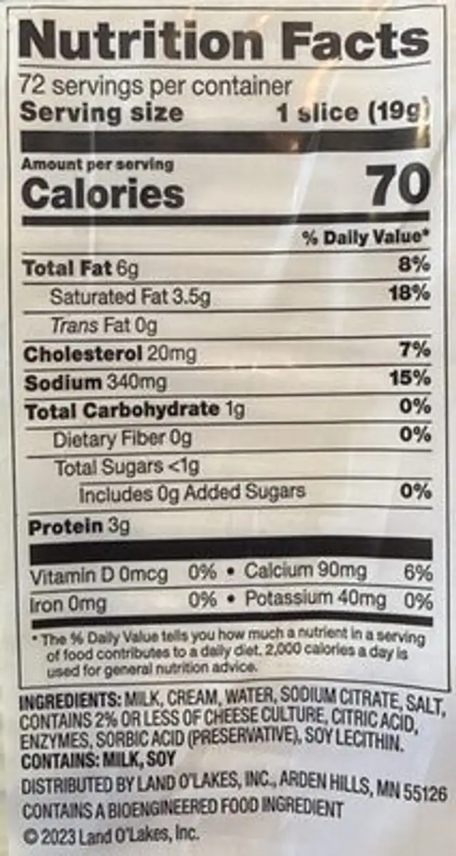 American Cheese nutrition facts table