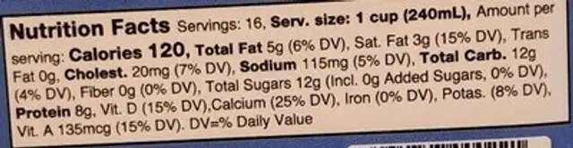 Reduced Fat Milk nutrition facts table