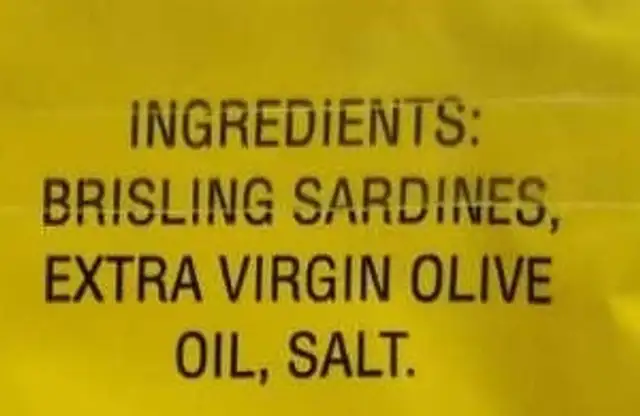 Sardines in Extra Virgin Olive Oil ingredients label