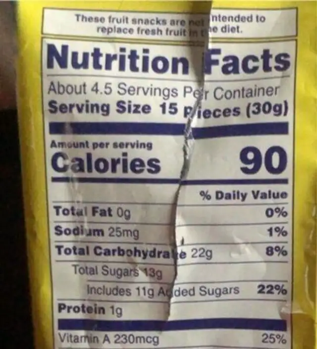 Tangy fruits snacks nutrition facts table