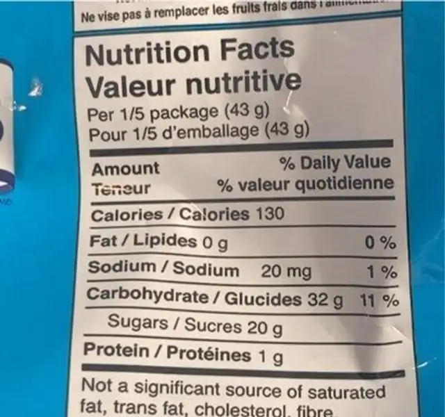 Collations aux fruits nutrition facts table