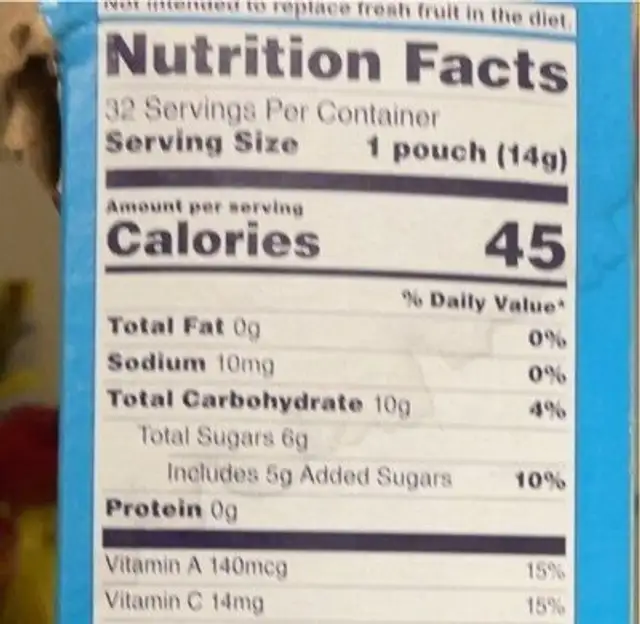 fruit snack nutrition facts table