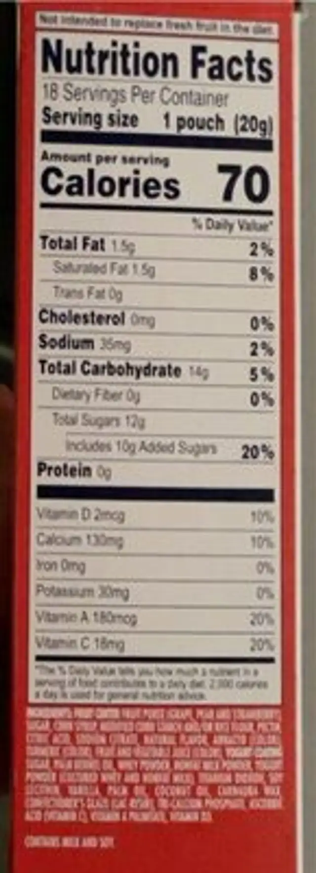 Fruit’n yogurt snacks nutrition facts table