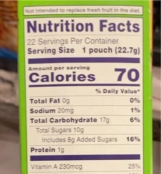 Summer Fruit Snacks nutrition facts table