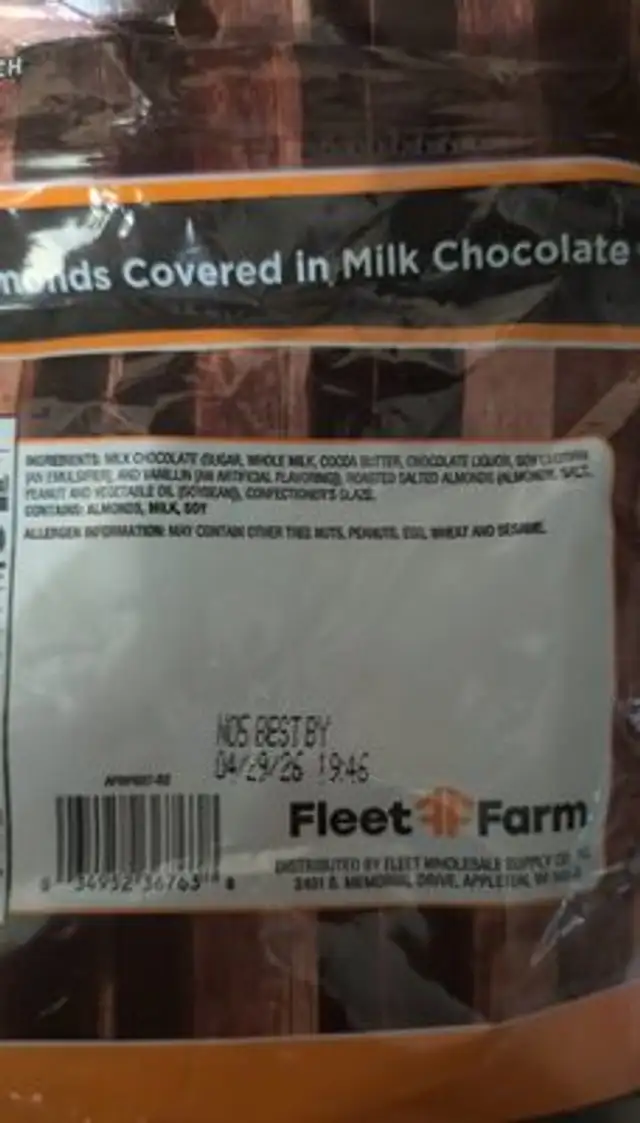 Milk Chocolate Almonds ingredients label