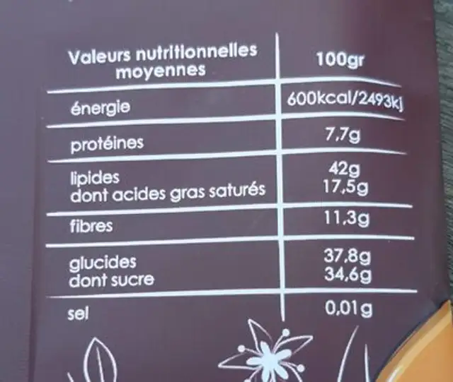 Chocolat noir grand cru noisettes caramélisées nutrition facts table