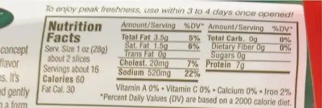 All Natural Prosciutto nutrition facts table