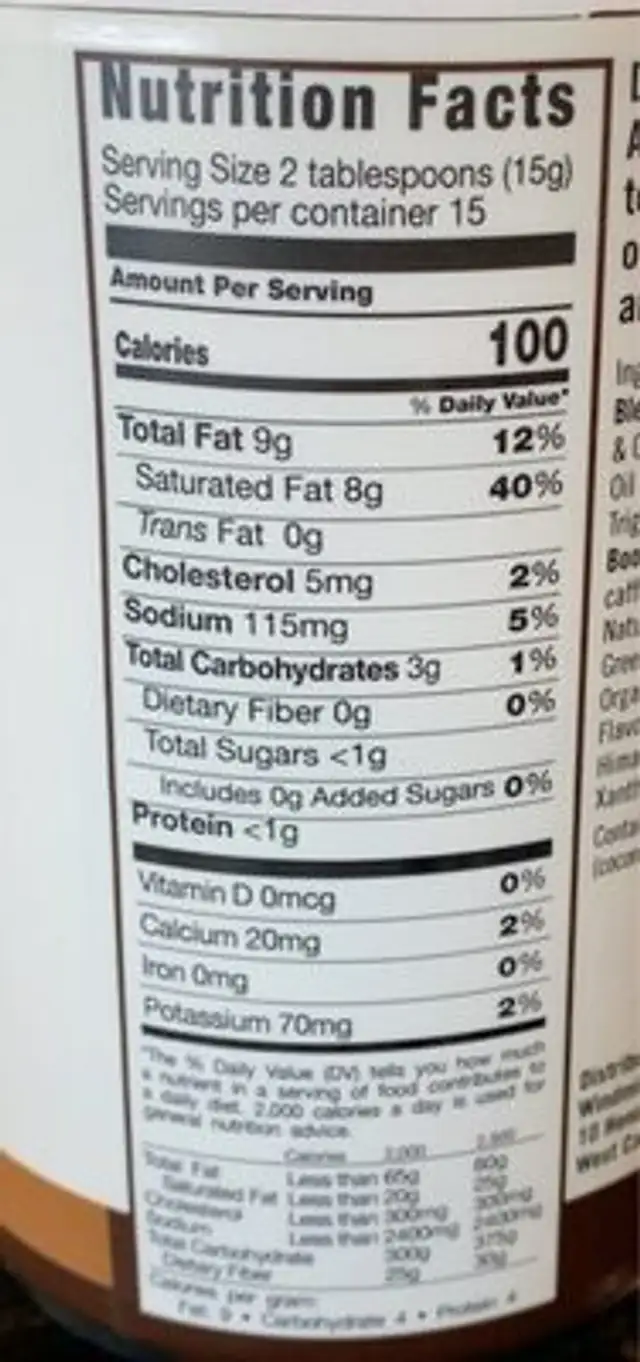 Ketogenic Coffee nutrition facts table