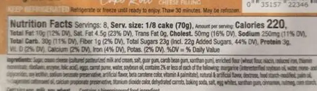 Carrot Cake Cake Roll nutrition facts table
