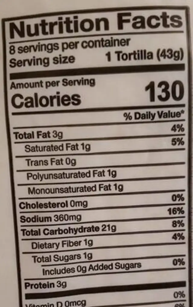 Flour tortillas nutrition facts table