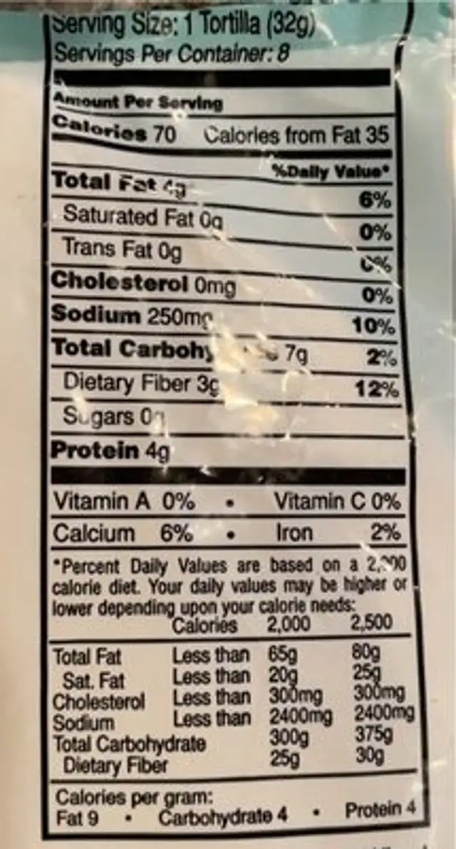 Low Carb Whole Wheat Tortillas nutrition facts table