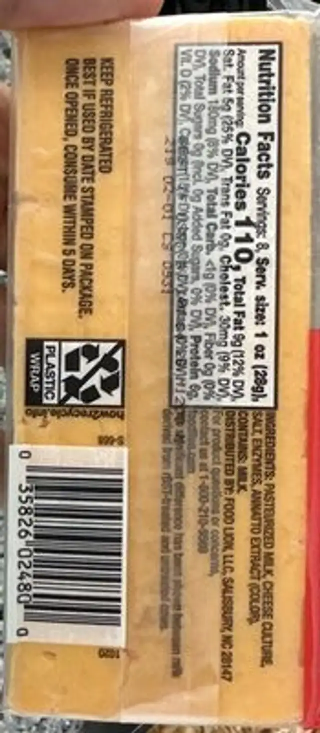 Sharp Cheddar Cheese nutrition facts table