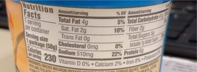 EZ Mac’n’Cheese nutrition facts table