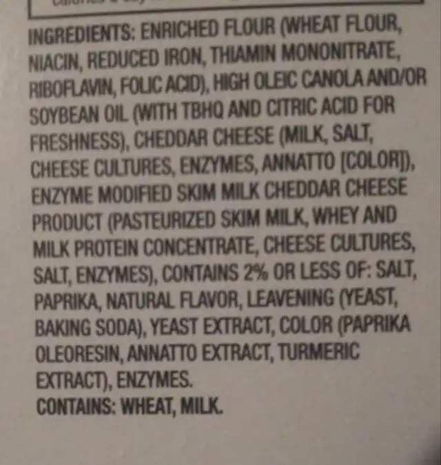 Cheese crackers ingredients label