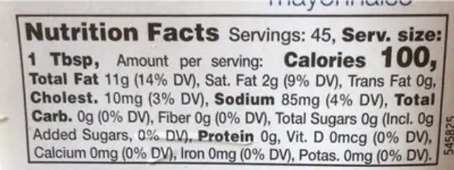 Mayonaise nutrition facts table