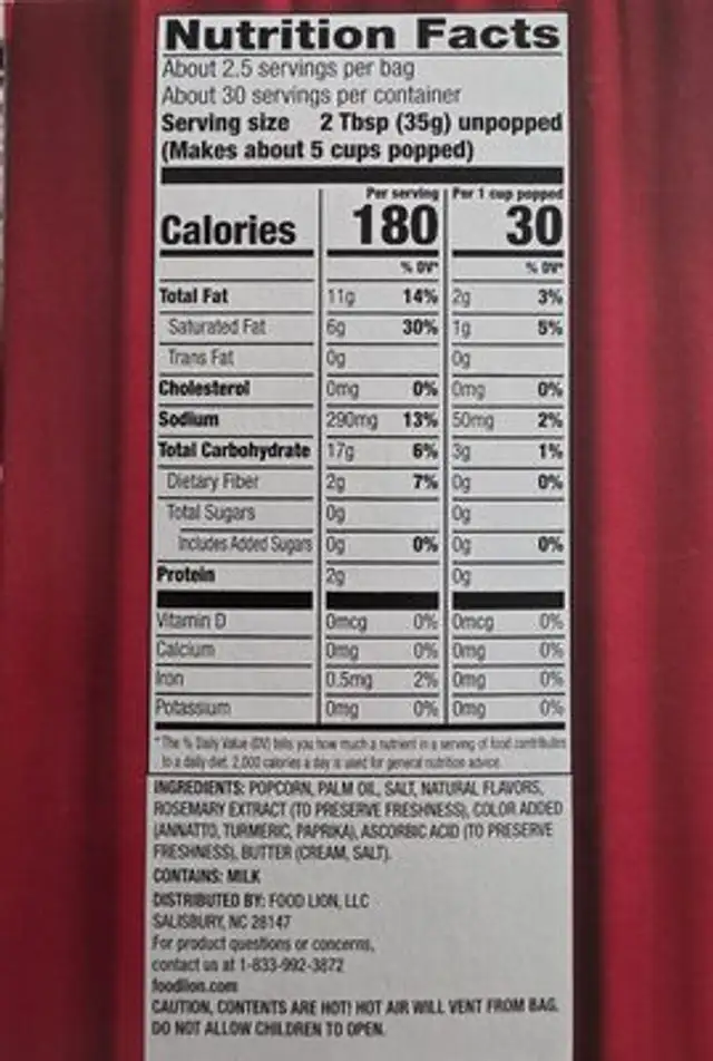 Microwave Popcorn Movie Theater Butter nutrition facts table
