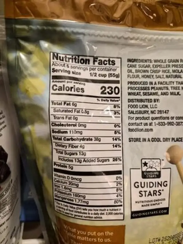 Honey And Oat Granola nutrition facts table