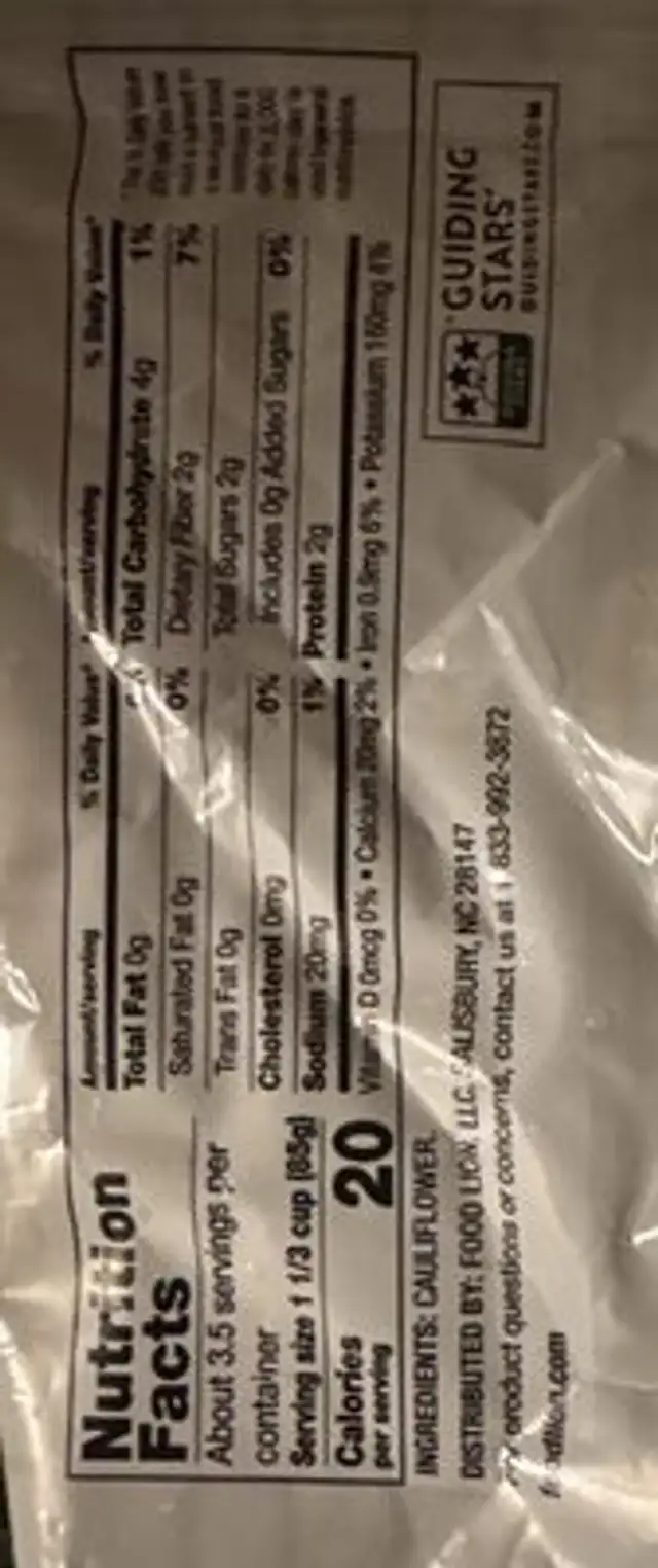 Cauliflower- Steam In Bag nutrition facts table