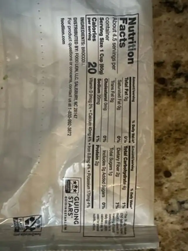 Broccoli Cuts nutrition facts table