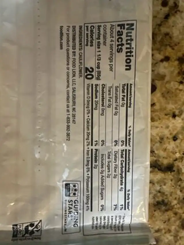 Cauliflower nutrition facts table