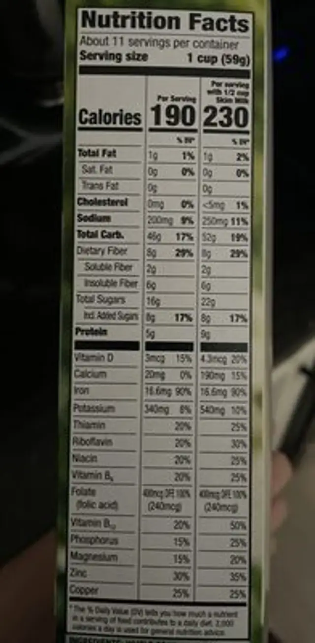 Cereal nutrition facts table