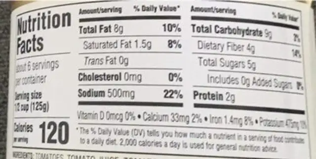 Marinara Sauce nutrition facts table