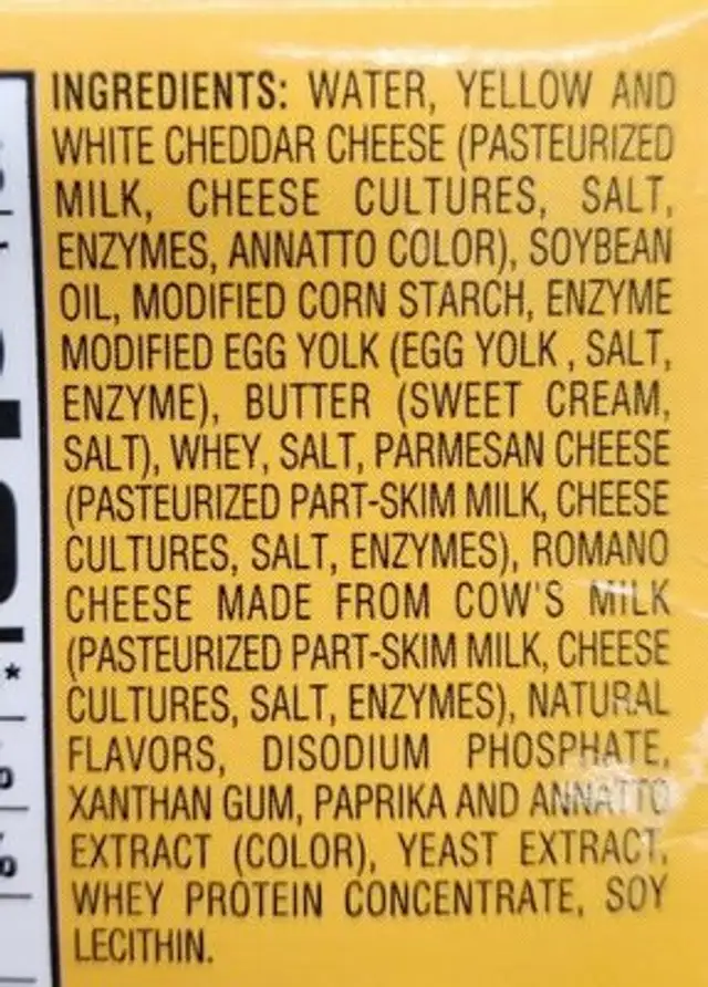 Diuble Cheddar Sauce ingredients label