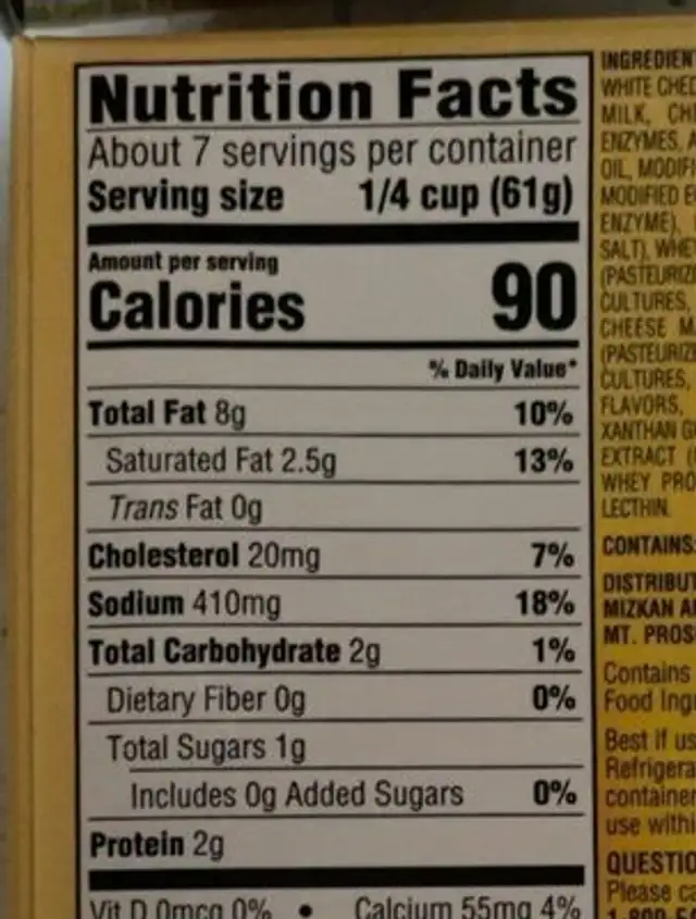 Diuble Cheddar Sauce nutrition facts table