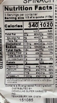 Spinach Quiche nutrition facts table