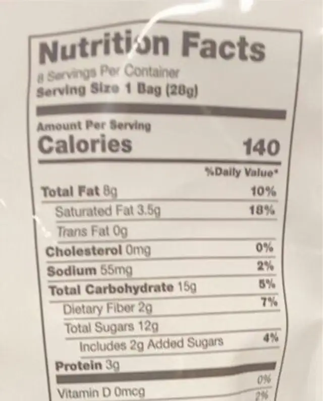 Peanut Butter Mountain Mix nutrition facts table