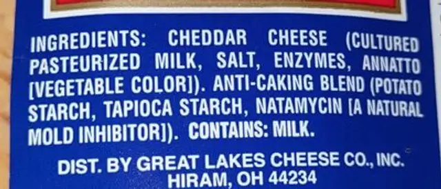 Shredded mild cheddar ingredients label