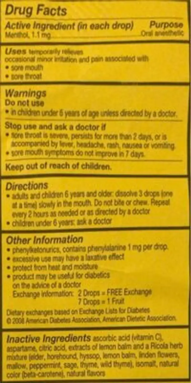 Lemon Mint Herb Throat Drops nutrition facts table